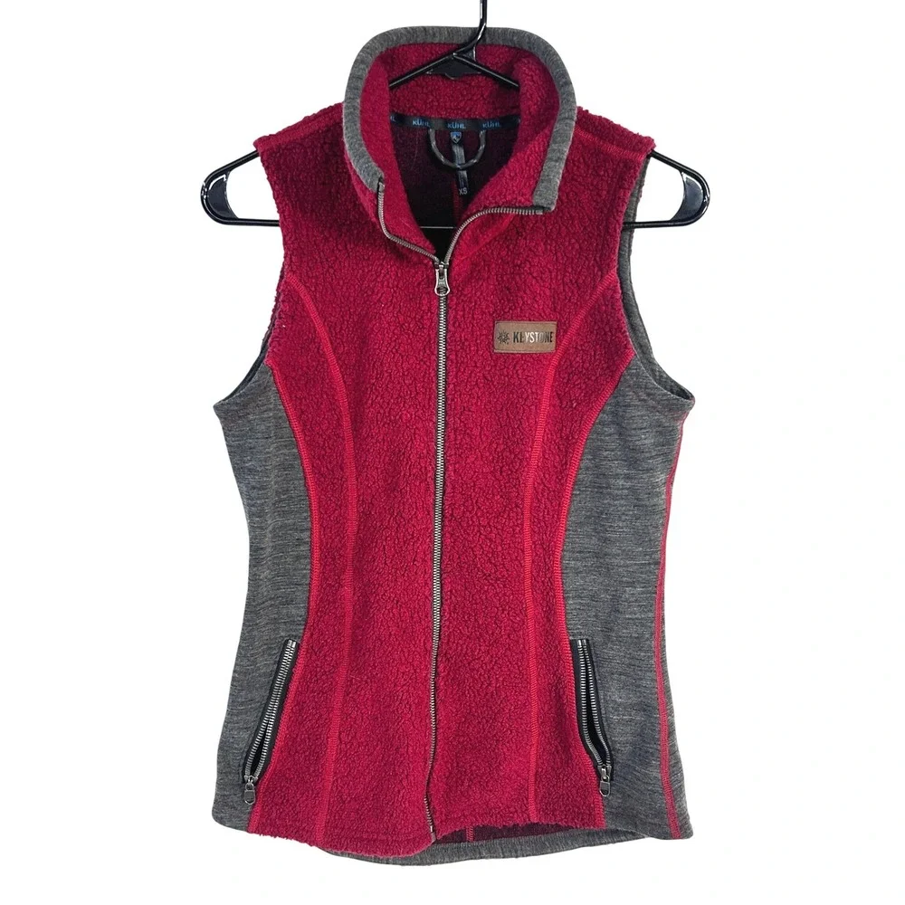 Kuhl Kozet Wool Blend Fleece Vest XS Red Gray Full Zip Hiking Gorpcore Outdoor